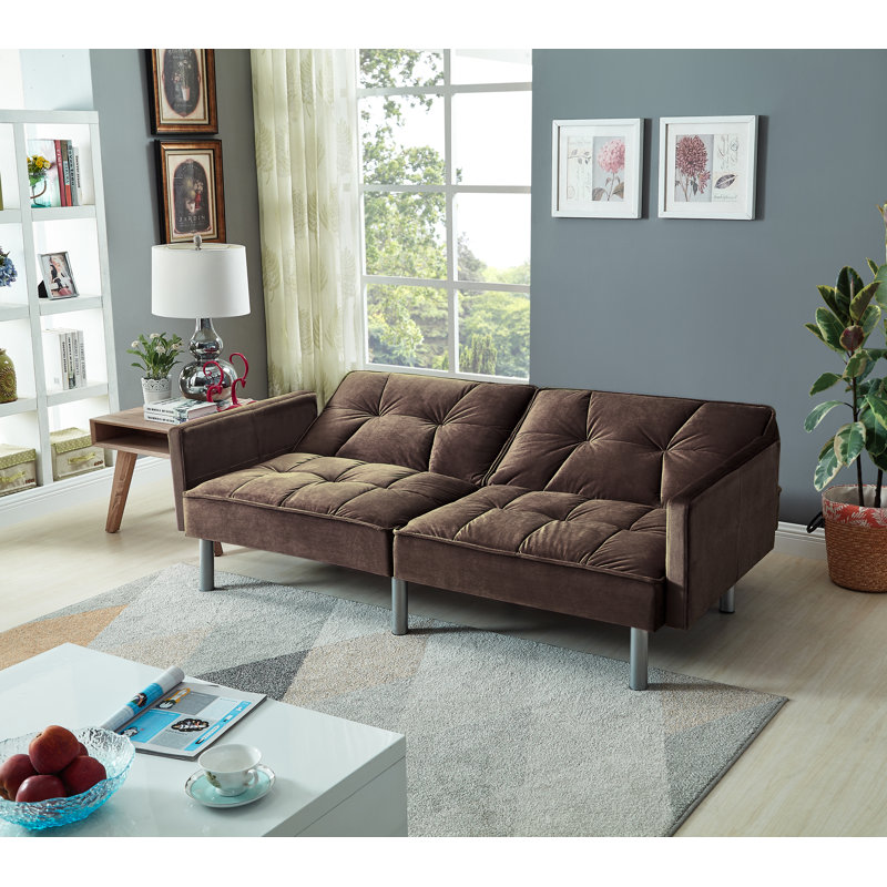 Areya 75.6'' Velvet Square Arm Sofa Bed, Brown