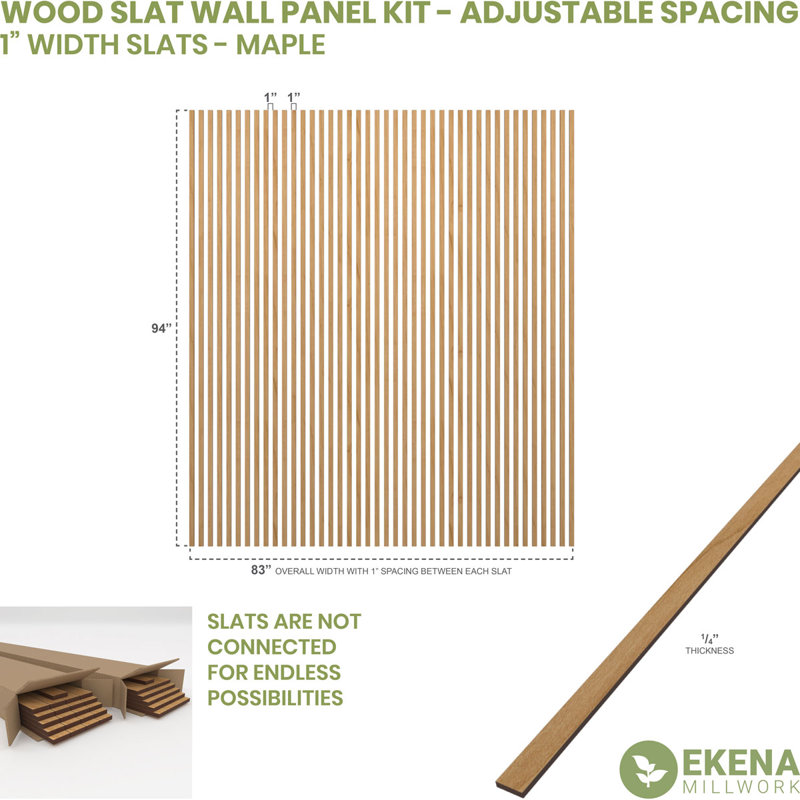 Adjustable Wood Slat Wall Panel Kit, 1"W x 94"H x 0.25"T, Maple