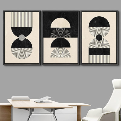 Mid Century Modern Boho Geometric Black Tan Striped Circle Polygon Collage Abstract Shapes - 3 Piece Floater Frame Graphic Art Set on Canvas