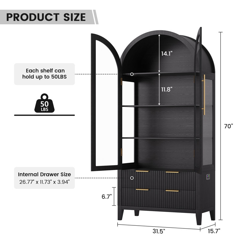 71"H Arch Display Cabinet With RGB Sensor Light, Freestanding Glass Storage Cabinet for Home Office, Black