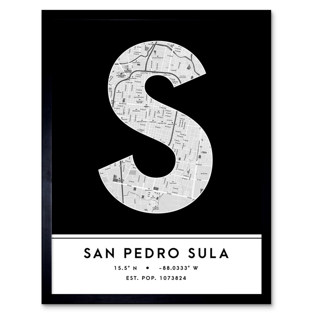 San Pedro Sula City Map San Pedro Sula Black & White by Wee Blue Coo - Single Picture Frame Typography