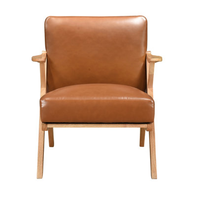 Chaise d'appoint avec structure en bois d'hévéa massif naturel et dossier en similicuir brun Chaise de salon: Hévéa, doublure