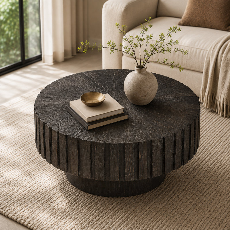 Table basse ronde de 31,4 pouces moderne et minimaliste noire, texture de bois naturel, facile à assembler, convenant à plusieurs espaces, y compris le salon, le bureau et la salle à manger.