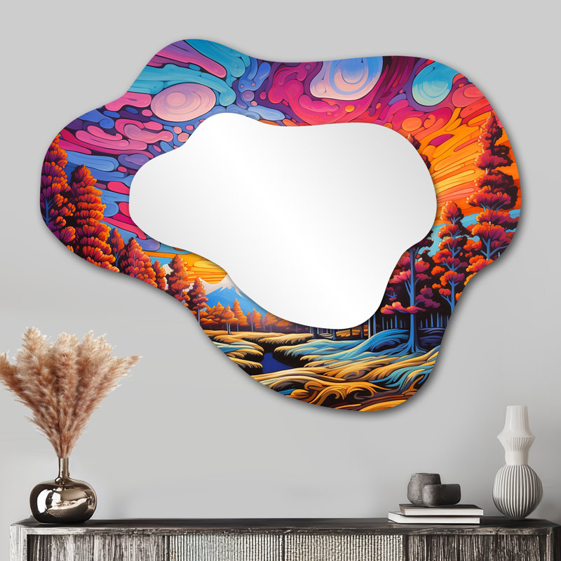 Majestic Pink Yellow Sunset Autumn Woods - Forest Cloud Wall Mirror, Traditional Asymmetrical Decorative Mirror, Printed Metal Art
