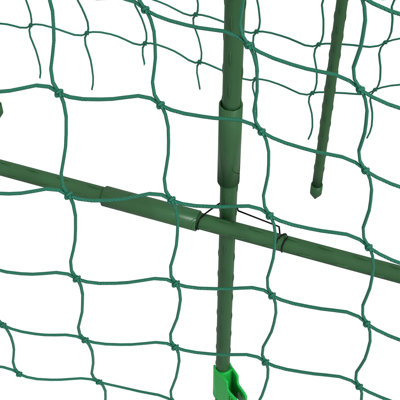 Treillis de jardin à structure en A de 6 pieds pour plantes grimpantes avec couches réglables, structure en acier enduit de plastique durable et filet d'escalade résistant aux abrasions pour les légumes, les pois, les concombres, les vignes et les fruits.