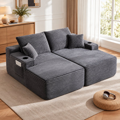 Canapé inclinable sans os, méridienne double de 175 cm pour intérieur, canapé nuage en velours côtelé moelleux avec assise profonde, canapé de sol modulable 2 pièces avec porte-gobelets et poches latérales, gris
