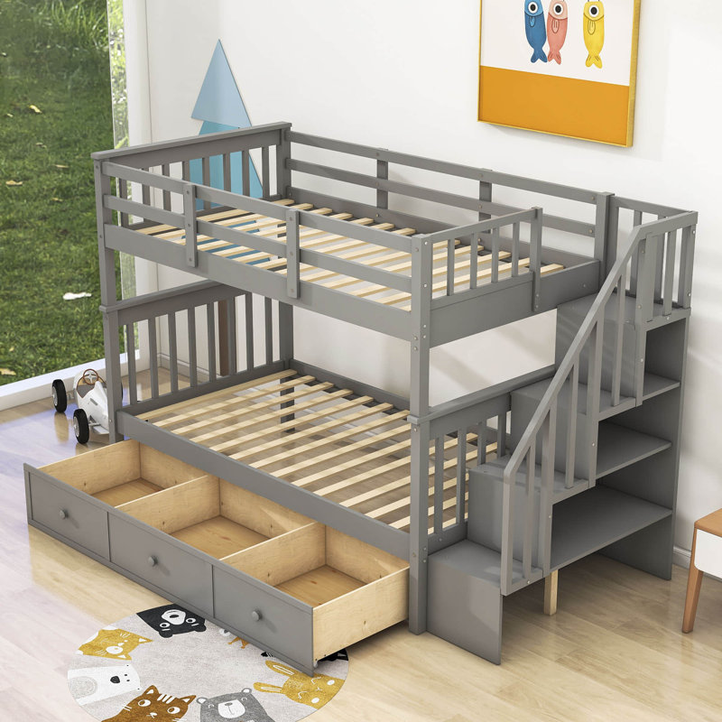 Dhyan Kids Twin Over Twin Bunk Bed with Drawers, Gray