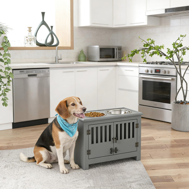Station d'alimentation moderne pour chiens avec bols surélevés et rangement de 37 litres, gris et pour grands chiens
