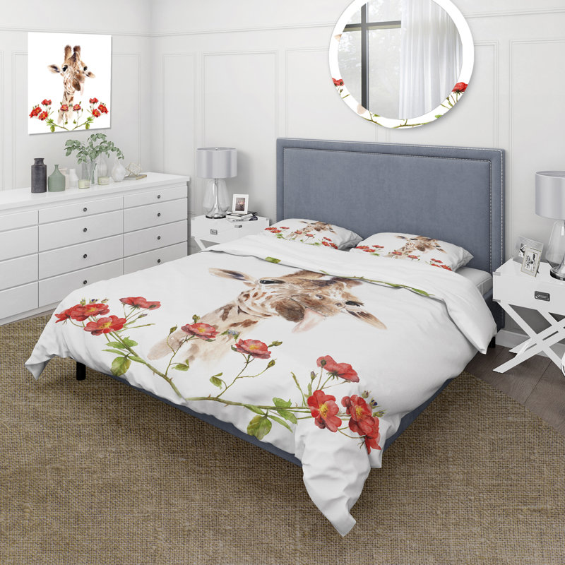 Portrait d'une girafe avec des fleurs II - Ensemble de housse de couette Farmhouse - Microfibre de polyester