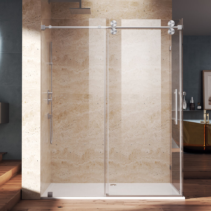 60" W X 35" D X 76" H Sliding Frameless Shower Enclosure With 3/8 Inch Tempered Glass, Brushed Nickel, 35" W