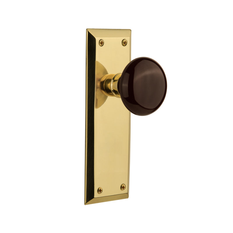 New York Plate with Brown Porcelain Door Knob, Polished Brass