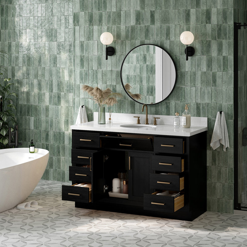 Meuble-lavabo simple en bois massif 54 po avec lavabo à quartz blanc 1,5 po Thornaby, Ovale, Chêne noir / laiton satiné