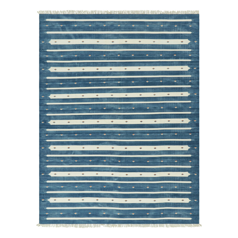 Rug & Kilim’S Contemporary Dhurrie Rug In Blue With White Stripes, Rectangle 6' x 9'