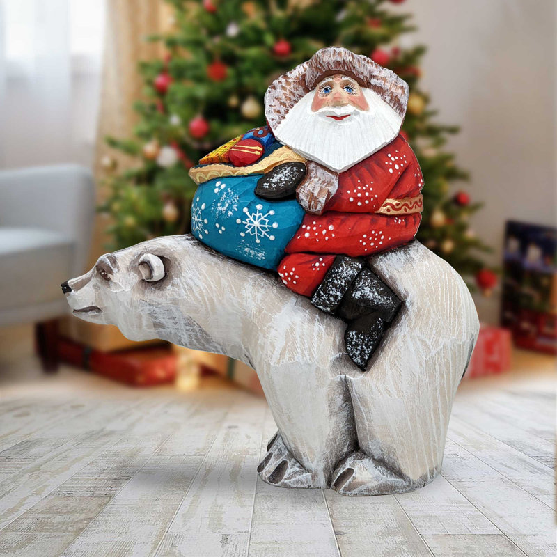 Masterpiece Woodcarved Gifty Traveler Polar Bear Santa Figurine