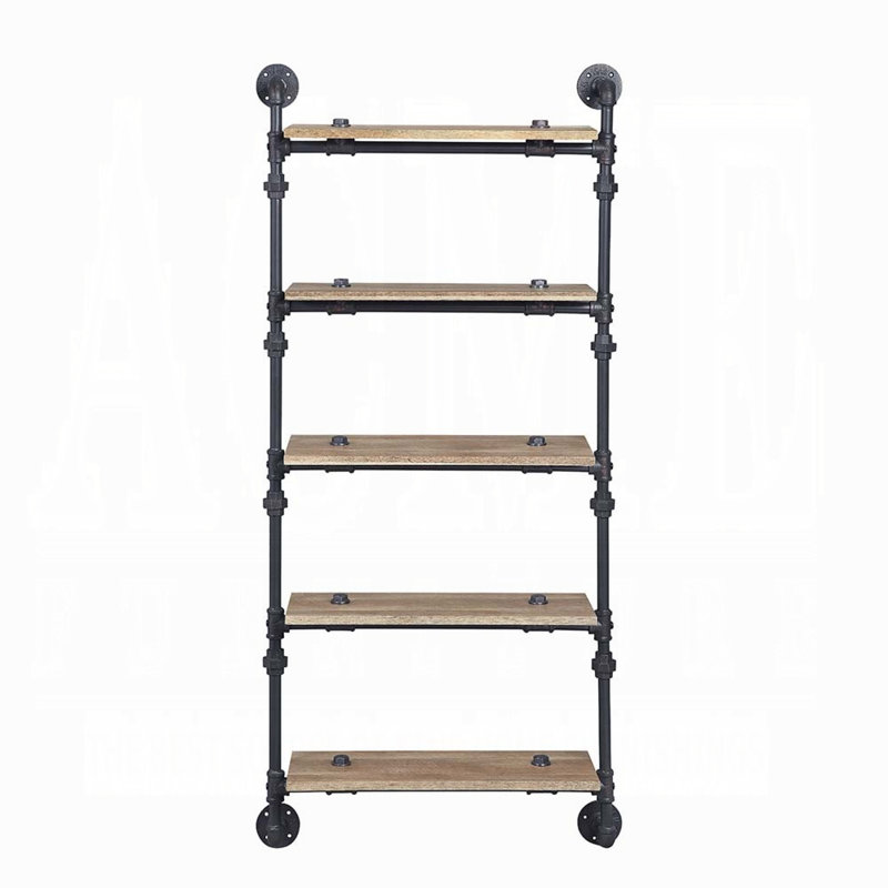 59" Industrial Oak and Black Wall-Mounted Bookshelf