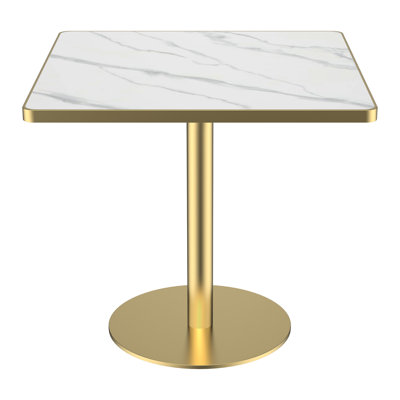 Table bistro tulipe 31,5 pouces carrée avec faux marbre, configuration avant droite, structure en métal, pierre frittée gris ardoise, dalle brillante Snow Mountain Stone, bordures en alliage d'aluminium, or