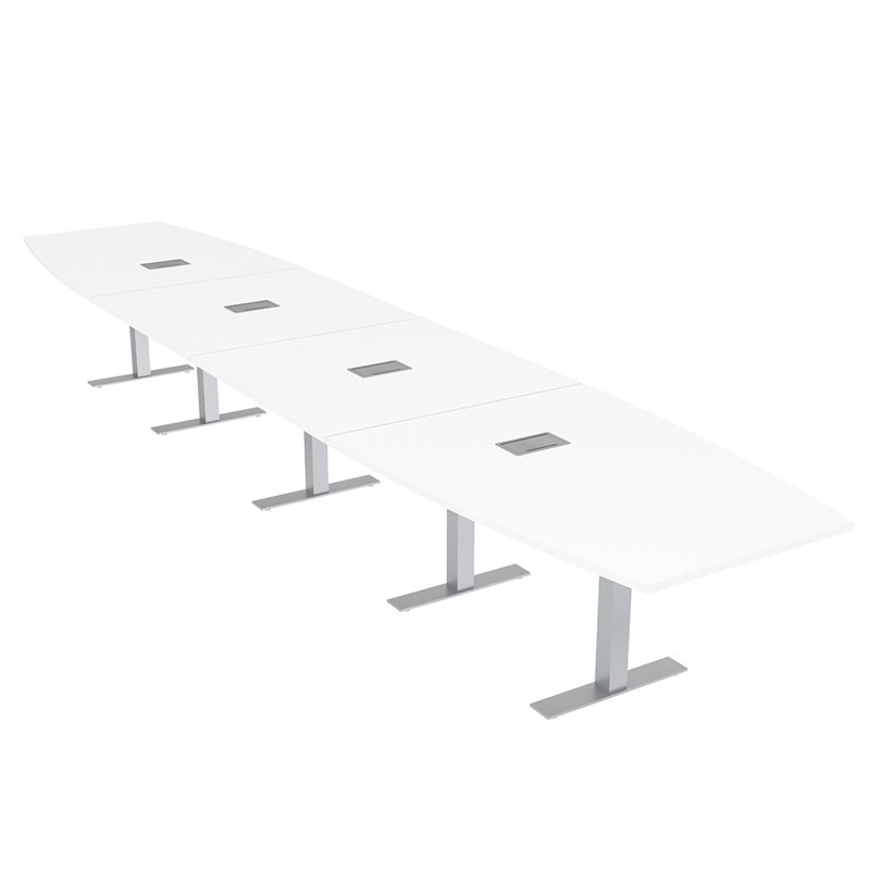 Table de conférence en forme de bateau avec base en T en métal | Unité électrique, Argent argent, L 240 po x l 48 po