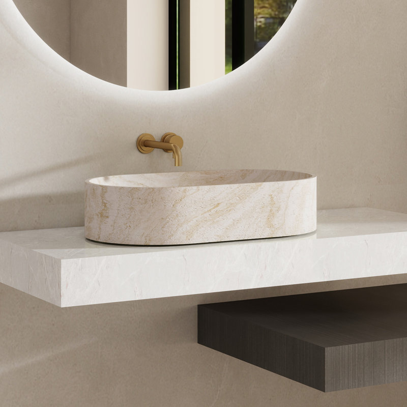 Lavabo de salle de bain en pierre 23 "à cuve ovale à surface solide de style artistique en travertin jaune 23" Stone Zen