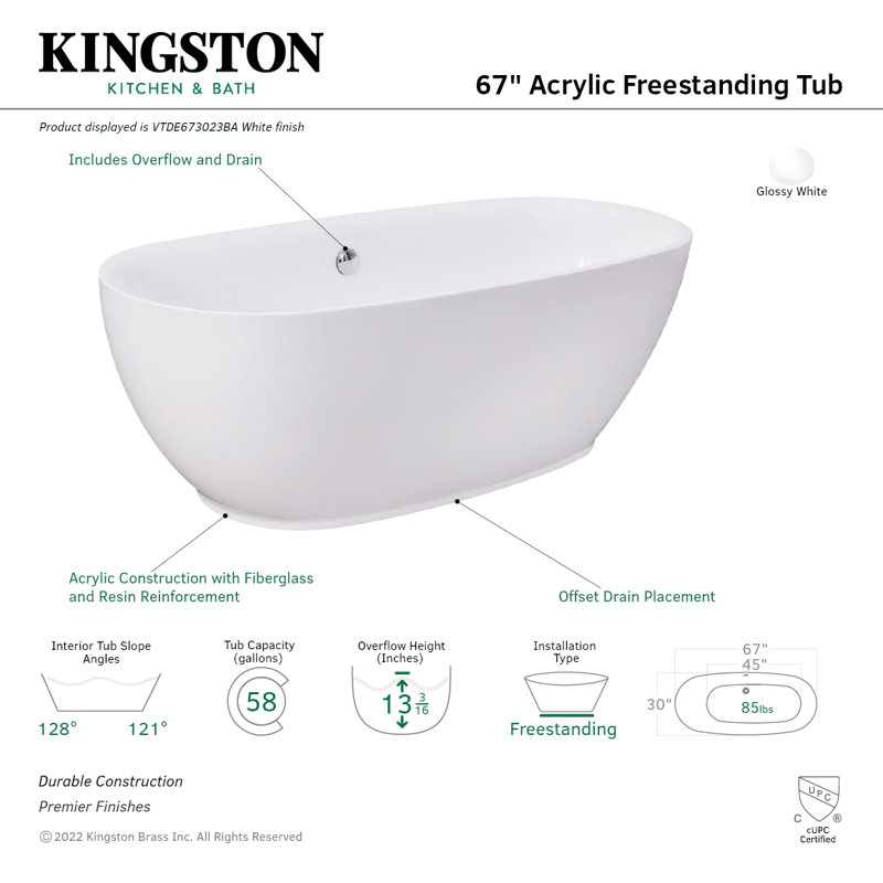 Kingston Brass Aqua Eden 67-Inch Acrylic Oval Double Ended Freestanding Tub with Drain