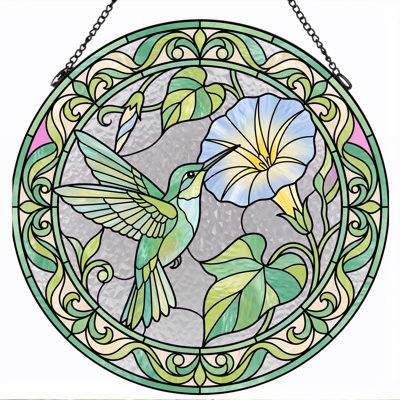 Hummingbird Flower Stained Glass Window Panel，12"H