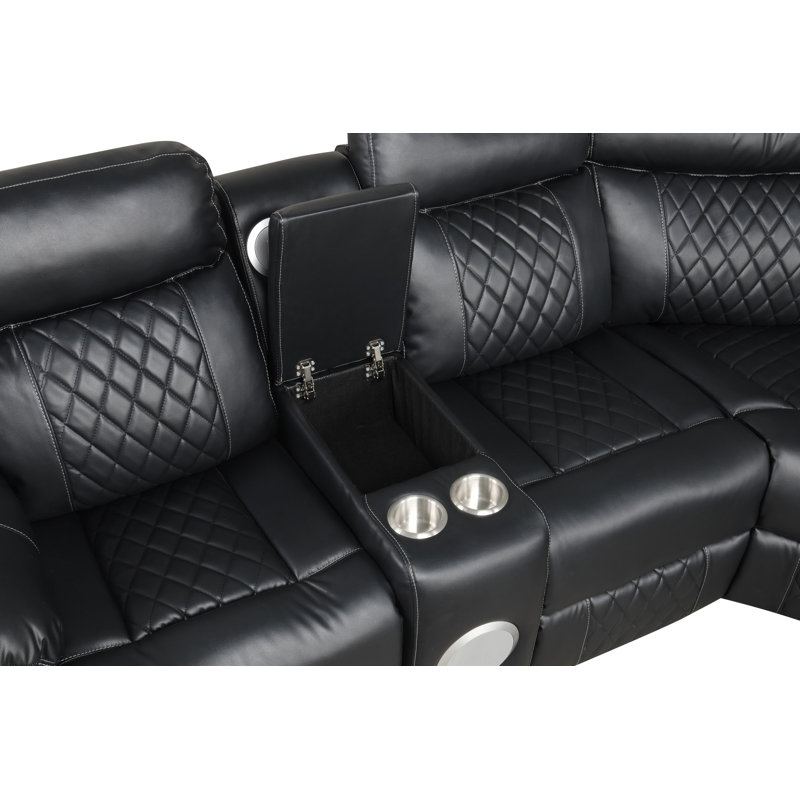 Gattus Faux Leather Power Reclining Sectional, Black Faux Leather