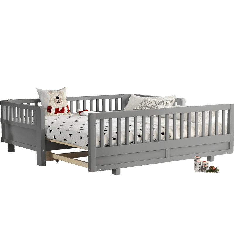 Lit plateforme simple, convertible en lit simple double, ton gris élégant et pin, structure sécuritaire pour lit d'invité, contreplaqué de pin, bords arrondis lisses, outils d'assemblage fournis