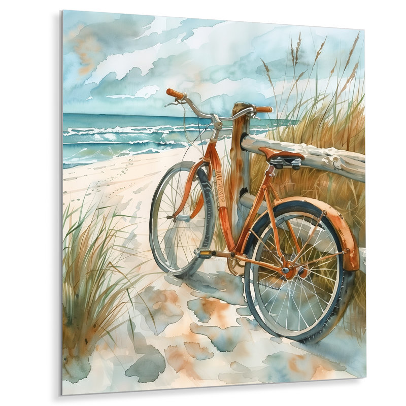 Vélo orange sur le sentier de la plage côtière - salon d'art mural côtier, Métal métal, H 32 po x l 16 po