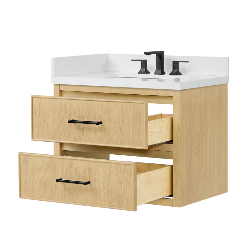 Meuble-lavabo mural simple en chêne scandinave de 30 po Isola, Beige / noir mat, White Quartz