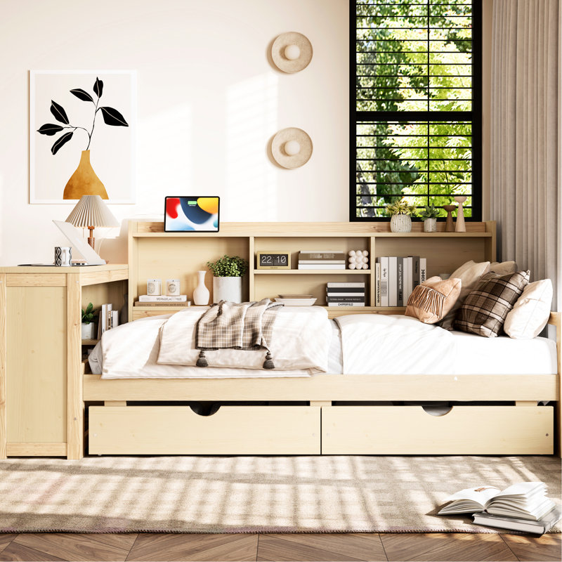 Lit de jour d'angle en bois naturel avec bureau, tablettes réglables et rangement pour bibliothèque simple