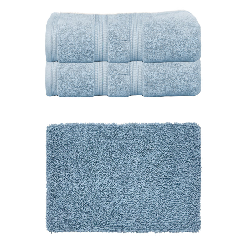 Ensemble de serviettes de bain 100% coton doux 2 pièces et 1 tapis de bain 21x34 "Fantasia Collection, (ensemble de 3), Bleu