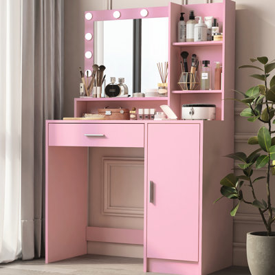 Bedroom Dressing Station With Adjustable Lights, Large Storage Shelf, White Desk Table Lights - Drawer, Three Levels Of Cabinets, Particle Board