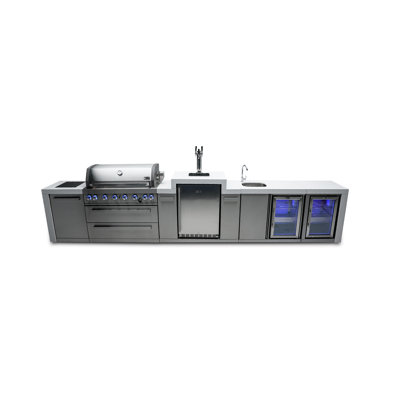 Îlot de cuisine en acier inoxydable de luxe Mont Alpi l 180 po x P 23 po x H 55 po avec réfrigérateur + distributeur de bière Kegerator à 3 robinets + robinet et évier + barbecue à 6 brûleurs de 44 po + comptoirs en granite + rangement + couvercle + naturel Convertible au gaz + garantie à vie