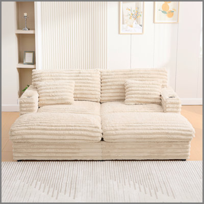 Très grand canapé double méridienne de 82 po avec deux coussins de soutien, ports USB et porte-gobelets pour le salon, champagne