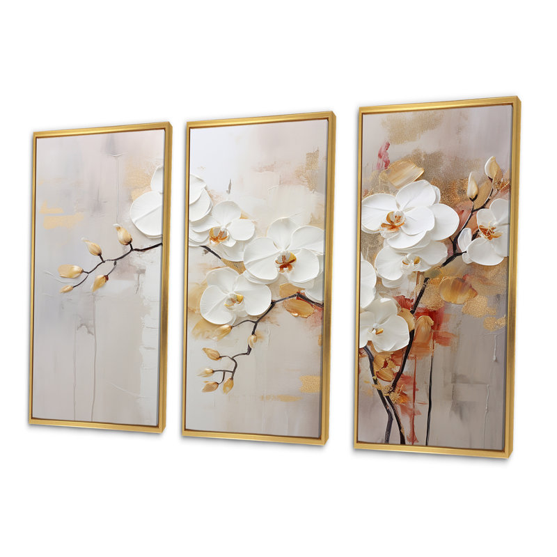 Minimalisme beige et orchidées II - ensemble d'art mural sur toile Orchidées, Cadre flottant doré, H 40 po x l 60 po x P 1 po