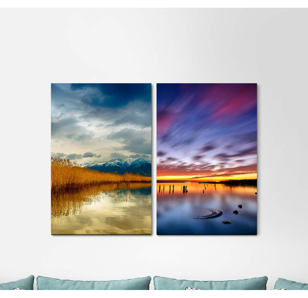 2-tlg. Leinwandbilder-Set - Fotografie „Alaska Mountain Lake Snow Summit Nature Sea Horizon Sunrise”