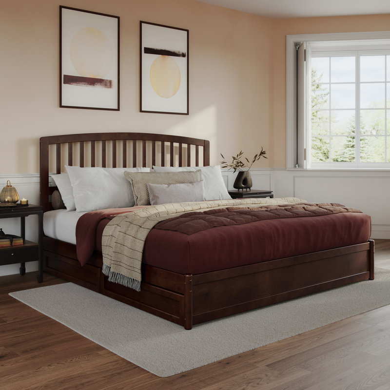 Lamari Solid Wood Storage Platform Bed with Footboard & Under Bed Drawers, Walnut, King