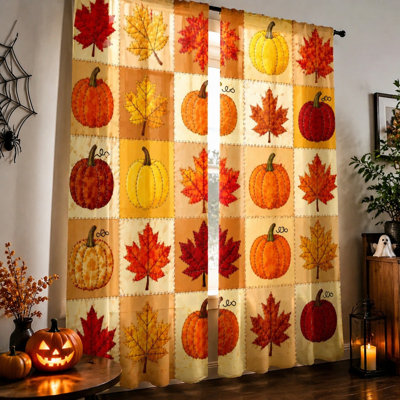 2Pcs Patchwork Pumpkin Maple Leaf Curtains, Fall Themed Vintage Rustic Farmhouse Kitchen, Light Filtering Rod Pocket Window Drapes for Bedroom Living Room Home Decor