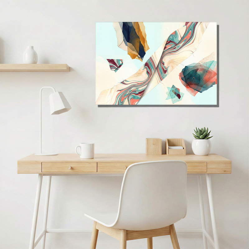 Art mural sur toile tourbillonnant en marbre et en papier déchiré bleu sarcelle et crème, H 16 po x l 24 po