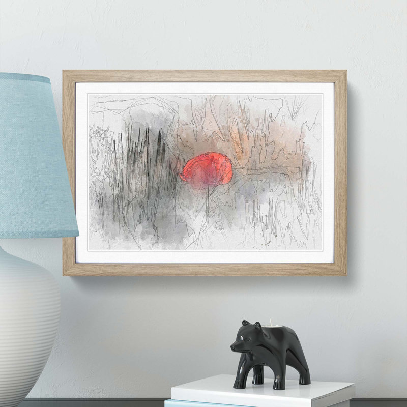 Red Poppy Flower in Abstract - Picture Frame Graphic Art Print, 27cm H x 36cm W x 2cm D, Oak Framed