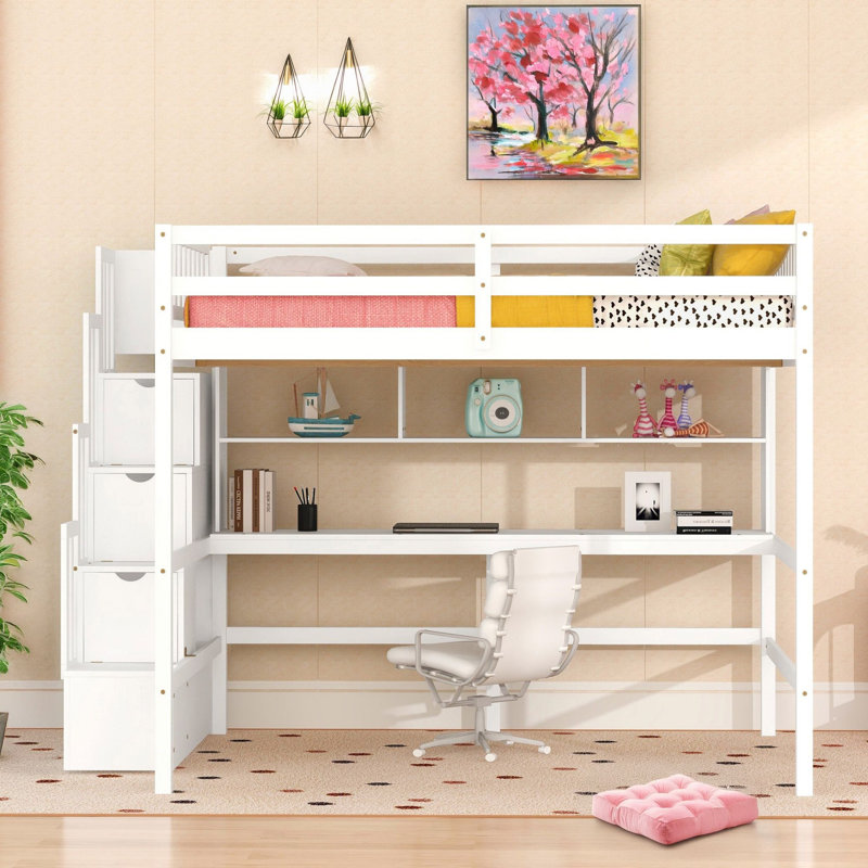 Kids Full Solid Wood Loft Bed with Built-In Desk and Shelves, White