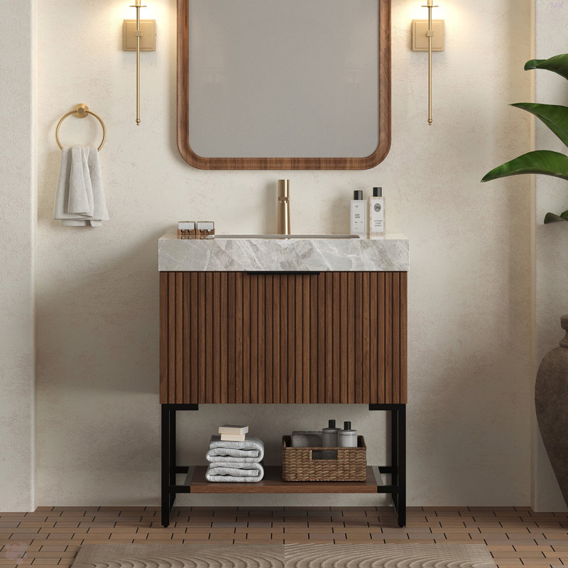 Meuble-lavabo 30 po, armoire de rangement autoportante en contreplaqué rayé avec tiroir et tablette ouverte, plateau en pierre frittée gris clair et lavabo en céramique encastré, pré-assemblé