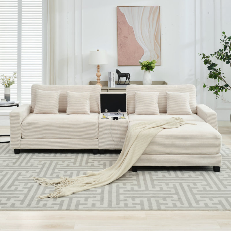 Cottie Corduroy L-Shaped Sectional Reversible, Beige Corduroy