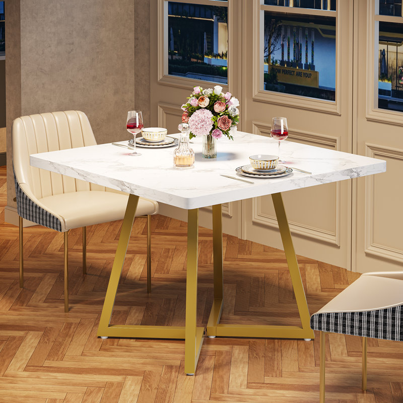 Square Dining Table, 31.5" Industrial Dinner Table, 1 PC, White, Gold