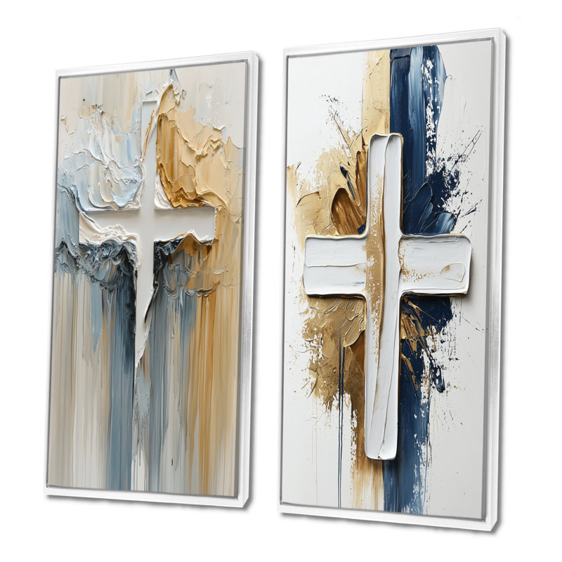 Ensemble de 2 pièces d'art mural en croix bleu et blanc, H 32 po x l 32 po, Cadre flottant blanc