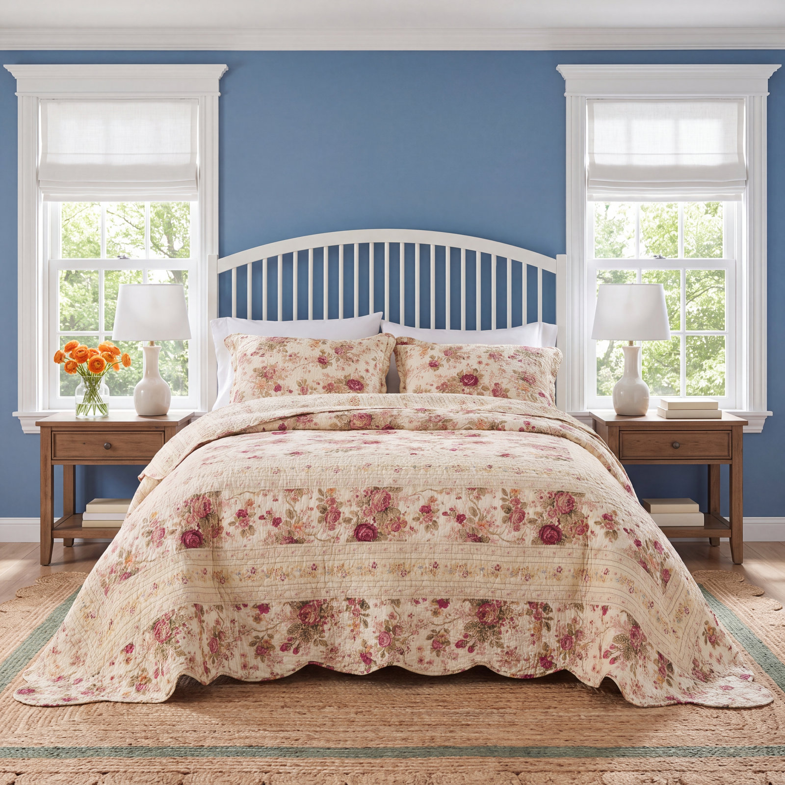 Antique Rose Cotton Quilt Set, Full/Queen Quilt + 2 Shams, Ecru