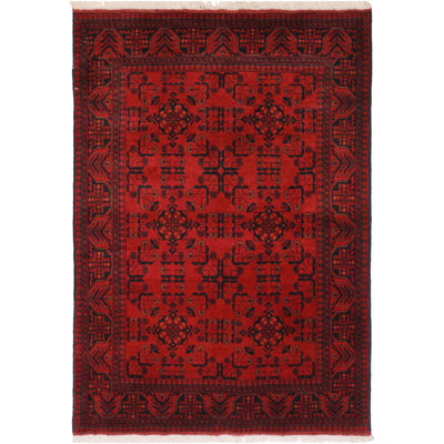 Tapis oriental noir / rouge en laine noué à la main 4 pi 2 po x 6 pi 4 po Cremeans