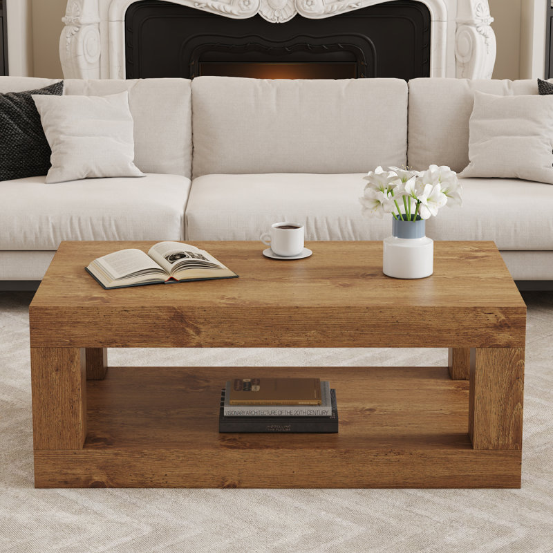 Table basse moderne à 2 niveaux pour mobilier de salon, table centrale rectangulaire avec tablette de rangement ouverte. La table basse à double couche est fabriquée en panneau de fibres à densité moyenne. Assemblage stable et durable, facile