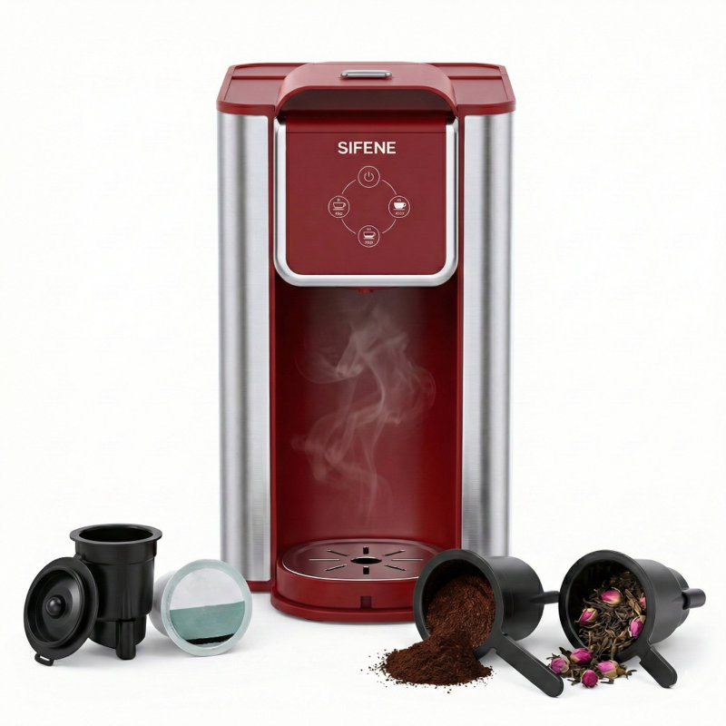 Versatile 3-in-1 Sifene Coffee Machine - K-Cup, Ground Coffee & Tea Brewer with 50oz Reservoir, Silver/Red