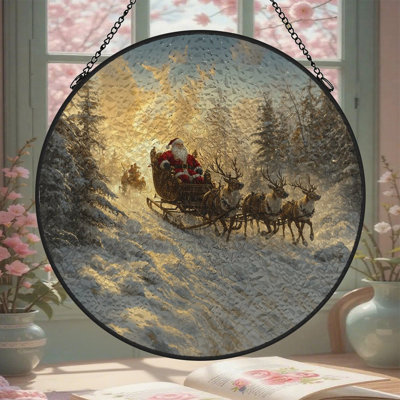 Vitrail de père Noël renne traîneau vitrail pour fenêtre