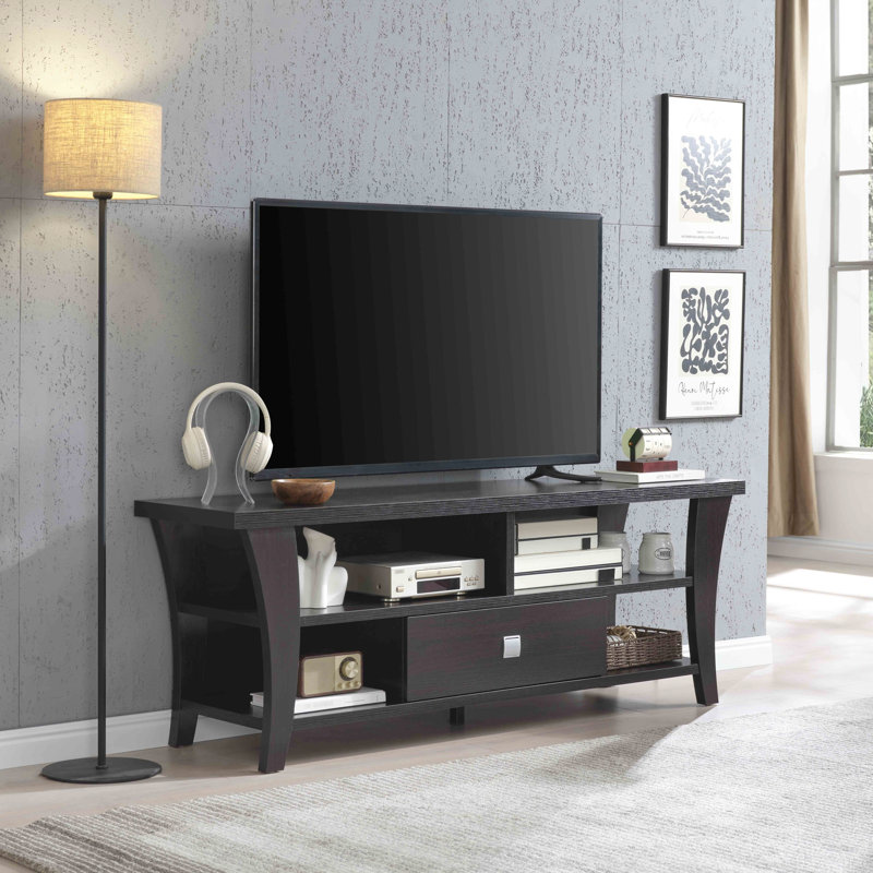 Meuble télé avec pieds courbés et un tiroir sur glissières en métal Poignée carrée en métal Design moderne Tablette divisée Deux casiers